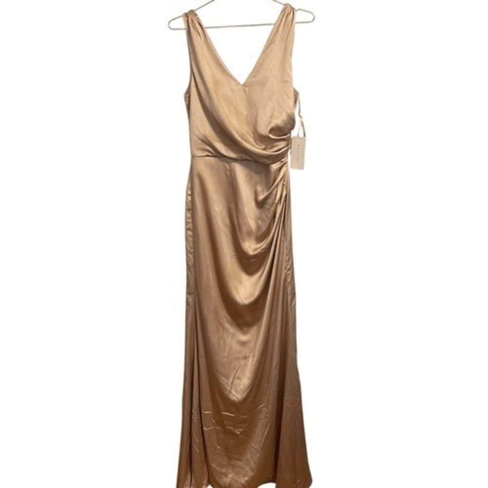 Revelry Skye Satin Dress Champagne Gold V-Neck Ruched Maxi Gown Womens 8